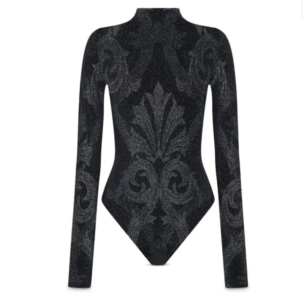 Wolford x Etro Mock-Neck Metallic Jacquard Paisley Long Sleeve Bodysuit NEW L